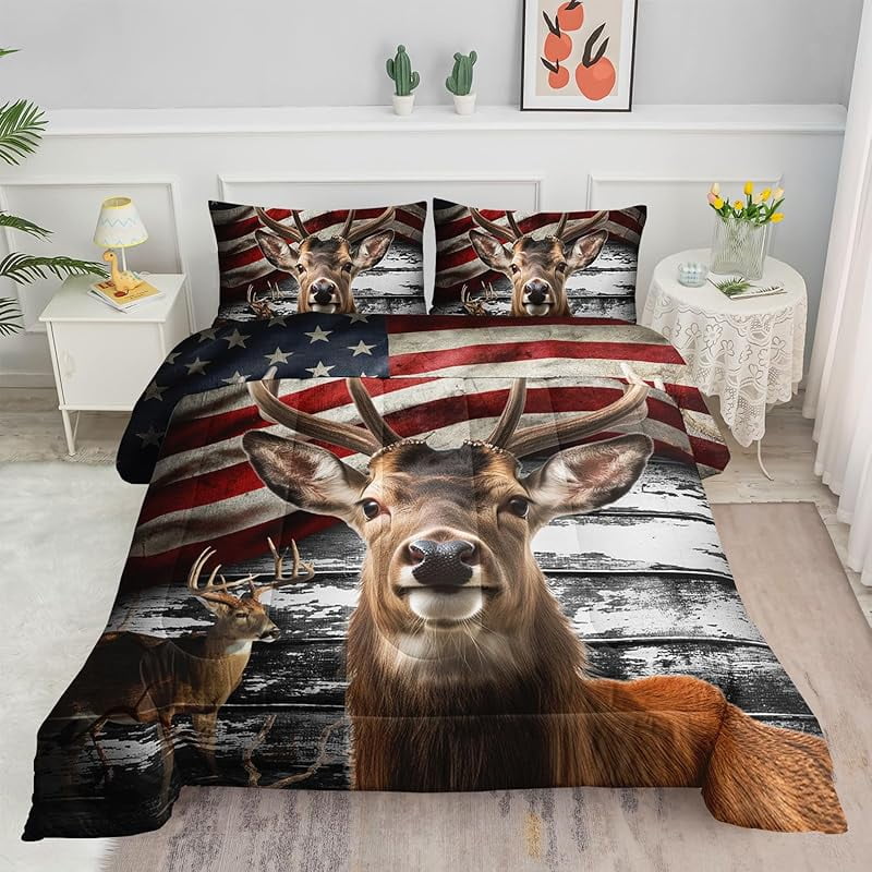 Kids Comforter Set American Flag Deer Printed Pattern Bedding Set with