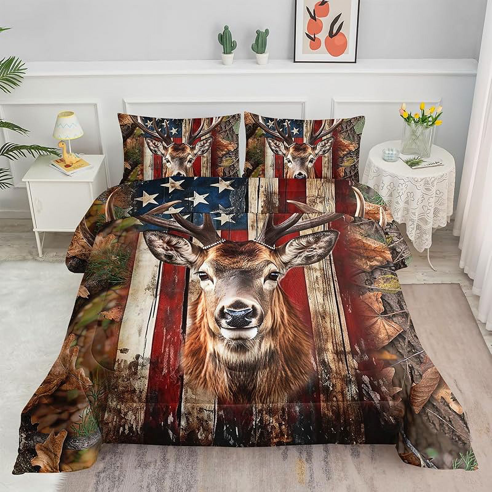 Kids Comforter Set American Flag Deer Printed Pattern Bedding Set with