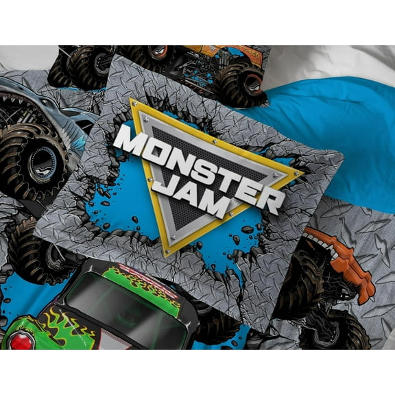 Kids Comforter Set Includes Sheets and Pillow Covers - Soft and Cozy Bed Set for Stylish Room Decor, Gray - Monster Jam 01, 5 Piece Twin Size Bedding