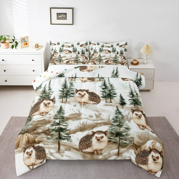 Comforter Set King Size,Cartoon Hedgehog Woodland Animals Bedding Set Teens,Botanical Jungle Trees Mountain Duvet Set,Countryside Farmhouse Quilt Comforter 3 Pcs