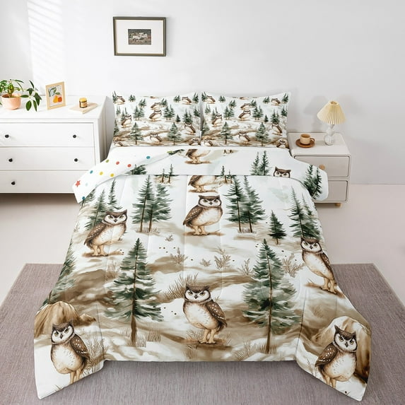 Comforter Set Queen Size,Cartoon Owl Woodland Animals Bedding Set,Botanical Jungle Trees Mountain Birds Duvet Insert,Countryside Farmhouse Quilt Comforter 3 Pcs