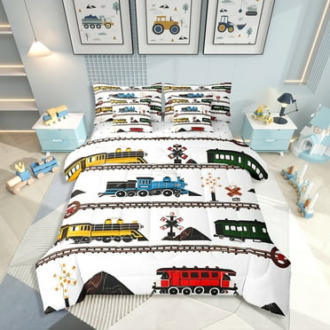 Comforter Set Retro Vintage Train Bedding Twin 7Pcs, Cute Vehicle Printed Colorful Train Comforter Bed in a Bag(1 Comforter, 1 Flat Sheet 1 Fitted Sheet 2 Pillowcases And 2 Throw Pillow Covers)