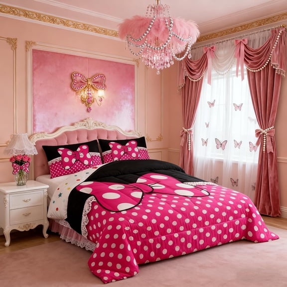 Kids Comforter Set Twin Size Rose Pink Bowknot Geometric Dots Patchwork Modern Bedding with Pillowcase