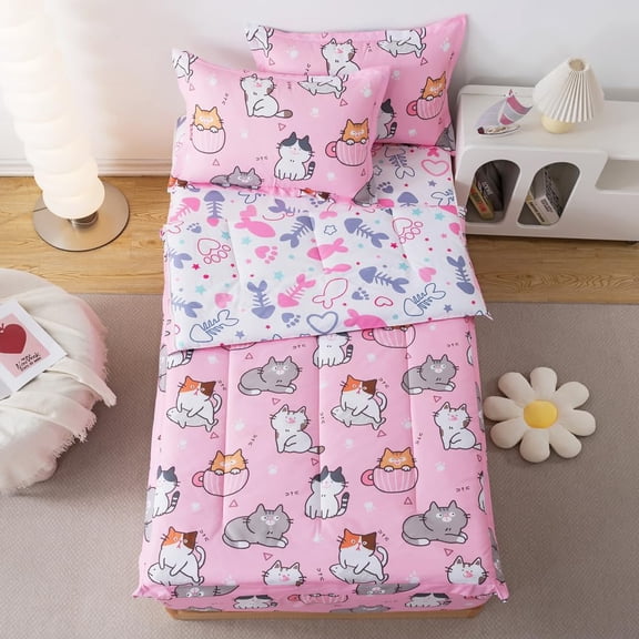 Kids Comforter Set Zipper Bedding Twin for Girls Cat Comforter with Fish Sheets Kawaii Cat Bedding Sets for Kids All in One Zipper Bedding All Season Home Decor