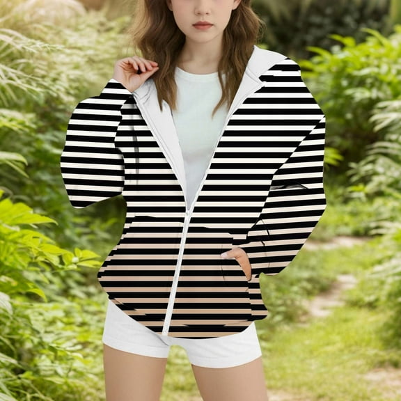 Kids Comfy Long Sleeve Blouse New Girls Striped Gradient Oversized Hoodies Full Zip Sweatshirts Casual Fleece Warm Outerwear Hooded Jackets Black 12-13 Years