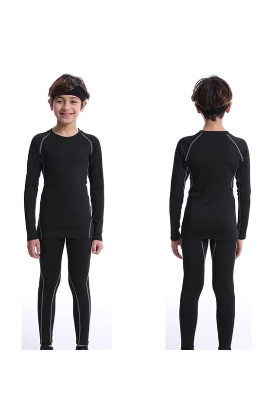 Kids Compression Training Suit, Boys' Thermal Base Layer Set with Fleece Lining, Slim Fit Athletic Wear for Cold Weather Sports, Soccer, Skiing and Basketball Activities Grey