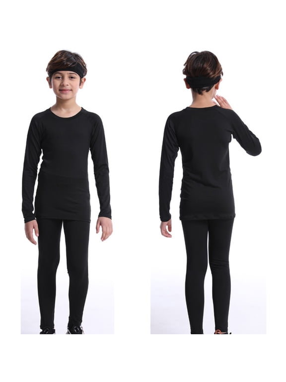 Kids Compression Training Suit, Boys' Thermal Base Layer Set with Fleece Lining, Slim Fit Athletic Wear for Cold Weather Sports, Soccer, Skiing and Basketball Activities Black