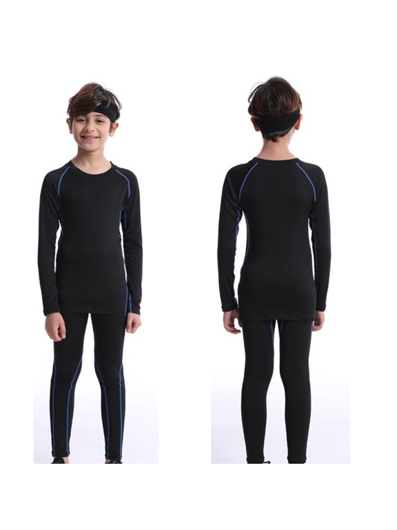 Kids Compression Training Suit, Boys' Thermal Base Layer Set with Fleece Lining, Slim Fit Athletic Wear for Cold Weather Sports, Soccer, Skiing and Basketball Activities Blue