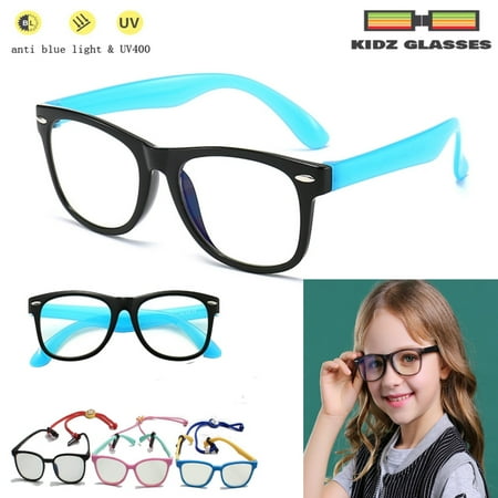 Kids Computer Glasses - Flexible- Unisex - Anti UV & Blue Light Blocking Protection - Children 3-12 - Includes Lanyard Rope & Bonus Carry Pouch and Cleaning Cloth - Black with Blue Frame