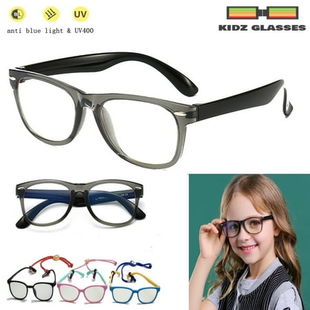 Kids Computer Glasses - Flexible- Unisex - Anti UV & Blue Light Blocking Protection - Children 3-12 - Includes Lanyard Rope Plus Bonus Carry Pouch and Cleaning Cloth - Black with Grey Frame