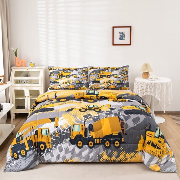 Kids Construction Comforter Set Twin Bedding Sets for Boys Toddler Children Cartoon Cars Excavator Tractor Machinery Truck Duvet Bed with 1 Pillow Case