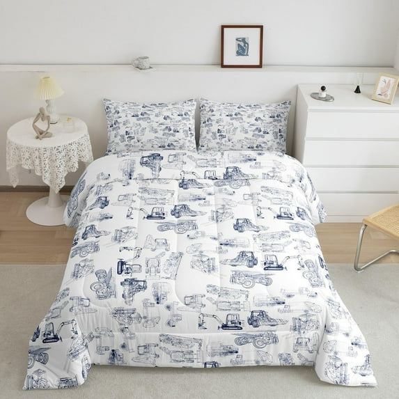 Construction Comforter Set Twin Size Equipment Trucks Bedding Set Cartoon Car Excavator Tractor Comforter Construction Vehicles Plaid Grid Blue and White Duvet Set