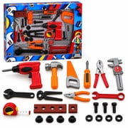 Kids Construction Tool Set 24-Piece Pretend Play Kit with Toy Drill, Hammer, Saw, Wrenches, Pliers, Measuring Tools, Nuts & Bolts, Ages 3+