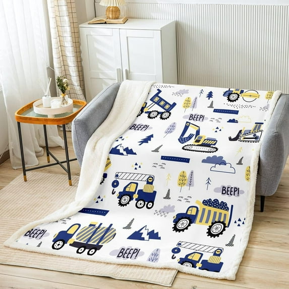 Kids Construction Truck Fleece Throw Blanket Boys Cartoon Cars Fuzzy Blanket for Sofa Bed Couch Machinery Excavator Tractor Equipment Plush Blanket Cute Vehicles Blue Yellow,Throw 50x60 Inches