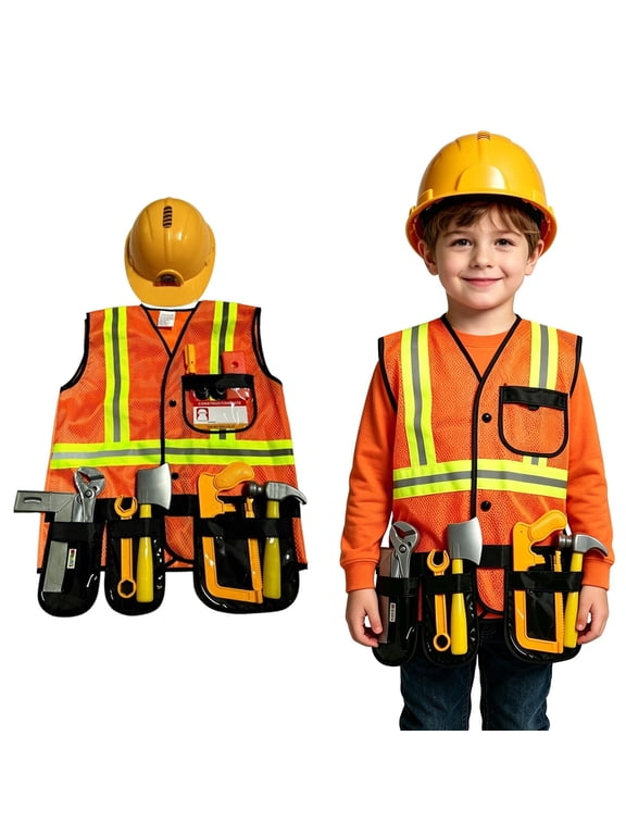 Kids Construction Worker Outfit with Vest Hat and Toy Tools for Career Day Dress Up Clothes Pretend Play Role Play School Play