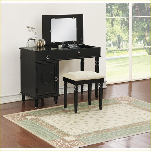 Kids' Contemporary Vanity Set with Stool, Flip-Up Mirror Storage | 43x18x30/47H | Black | Rubber Wood