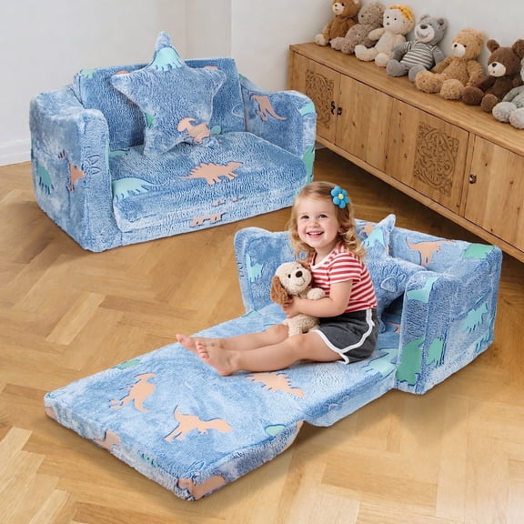 Kids Convertible Sofa Bed, 2-in-1 Foldable Toddler Couch with Storage Pocket, Flip Open to Sleeper Chair, Removable Washable Cover (Dinosaur Pattern)