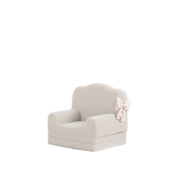 Kids Convertible Sofa Chair with Washable Sherpa Cover - Crown Design Fold Out Toddler Bed, White