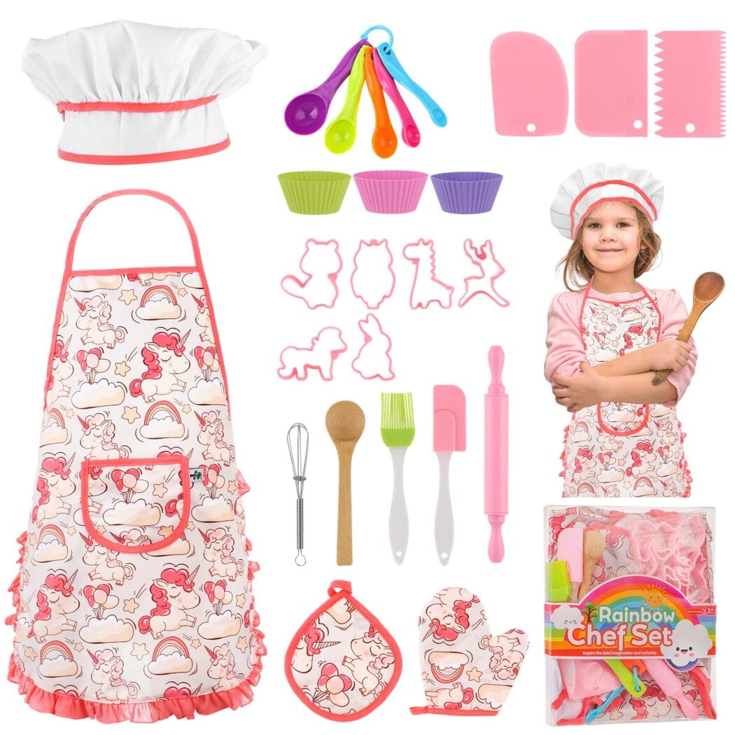 Kids Cooking and Baking Set, 26Pcs Apron Hat Mitten Set, Kitchen