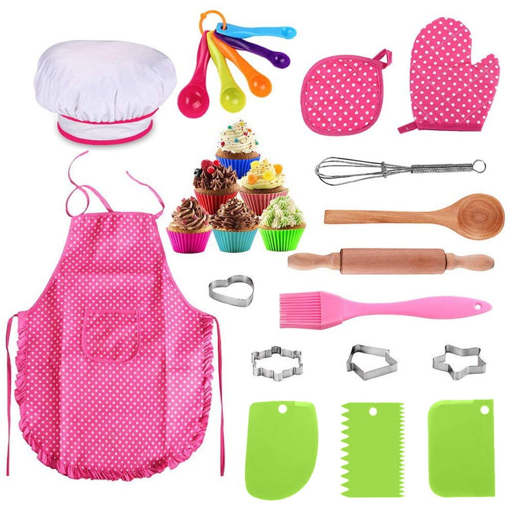 Vanmor Cute Kids Cooking and Baking Set, 24 Pcs Kids Aprons for Girls  Toddler Chef Hat Apron Dress Up Chef Costume , Little Girl Apron Set  Pretend Play Cooking Baking Gifts for