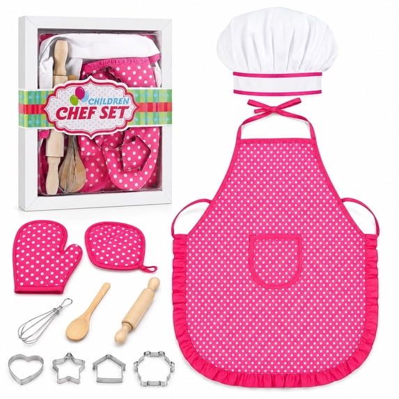Rirool Kids Cooking Set, 11-Piece Pink Polka Dot Chef Dress-Up and Baking Role Play Kit with Apron, Hat, Mitt, Pot Holder, Whisk, Rolling Pin, Spoon and 4 Cookie Cutters, Ages 3-6