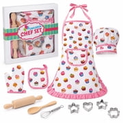 Rirool Kids Baking Set, 11-Piece White Cupcake Print Junior Chef Costume and Pretend Play Kit with Apron, Hat, Oven Mitt, Pot Holder, Whisk, Wooden Utensils and 4 Cookie Cutters, Ages 3-6