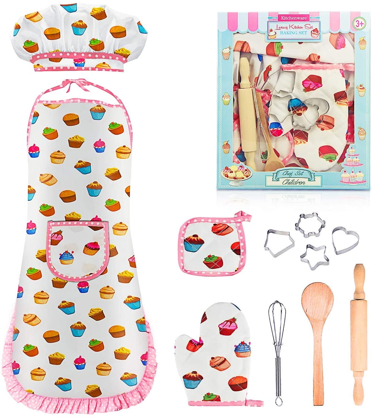 Kids Cooking Set 11 Pcs Chef Role Play Kit for Girls Perfect Birthday Gift for 3 6 Year Olds Includes Apron Hat Mitt Utensils Festive Toys