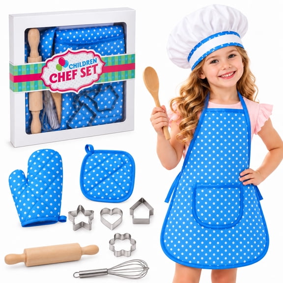 Rirool Kids Chef Set, 11-Piece Blue Polka Dot Cooking and Baking Pretend Play Kit with Apron, Hat, Oven Mitt, Pot Holder, Whisk, Wooden Tools and 4 Cookie Cutters for Boys and Girls Ages 3-6