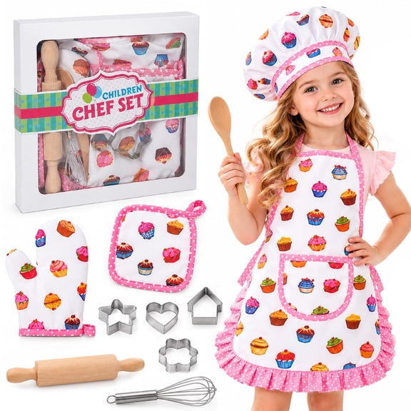 Rirool Kids Baking Set, 11-Piece White Cupcake Print Junior Chef Costume and Pretend Play Kit with Apron, Hat, Oven Mitt, Pot Holder, Whisk, Wooden Utensils and 4 Cookie Cutters, Ages 3-6