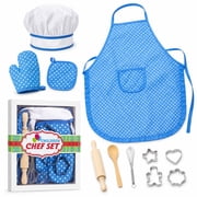 Rirool Kids Chef Set, 11-Piece Blue Polka Dot Cooking and Baking Pretend Play Kit with Apron, Hat, Oven Mitt, Pot Holder, Whisk, Wooden Tools and 4 Cookie Cutters for Boys and Girls Ages 3-6