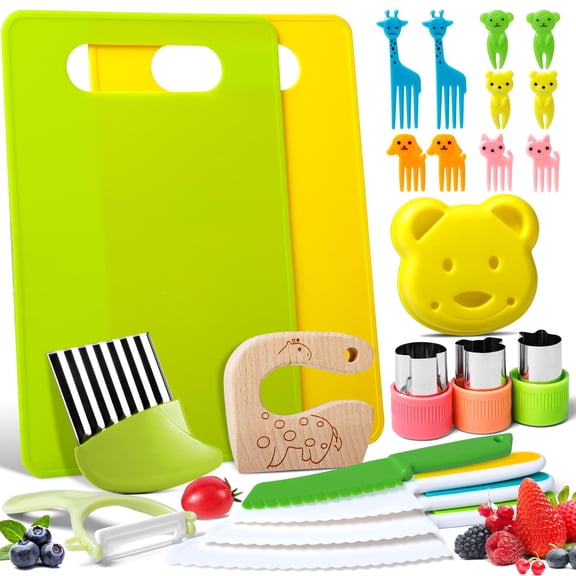 Kids Cooking Sets, Kitchen Tools for Toddlers' Real Cooking, Kids Kitchen Knife Set with Cutting Board Kid Safe Knives Peeler Sandwich Cutters Crinkle Cutter, for Girls Boys