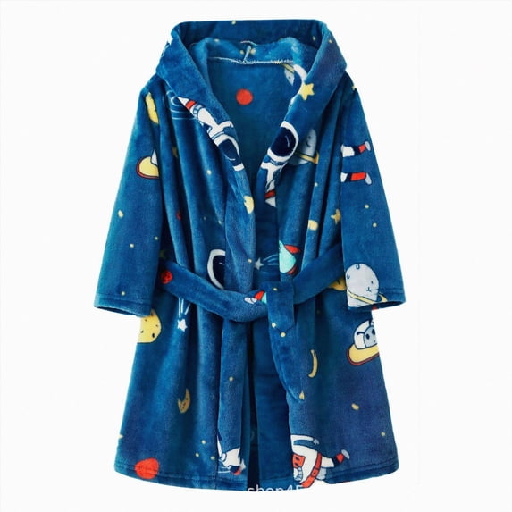 Kids Coral Fleece Bathrobe,Soft Plush Hooded Robe with Adjustable Belt,Cute Cartoon Print,for Boys Girls Toddlers 2-12 Years,Warm Loungewear Shower Robe Kids Pajamas Gibobby,Blue,Size 5-6T