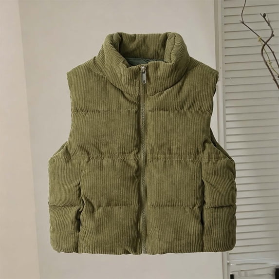 Kids Corduroy Puffer Vest Sleeveless Zip‑Up Stand Collar Outerwear Gilet for Boys Girls Army Green 4-5 Years