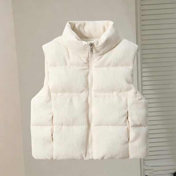 Kids Corduroy Puffer Vest Sleeveless Zip‑Up Stand Collar Outerwear Gilet for Boys Girls White 10-11 Years