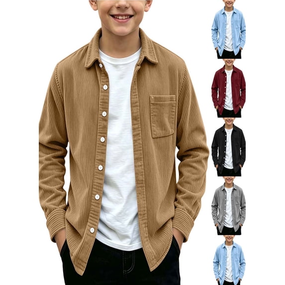 Kids Corduroy Shirt Jacket Boys and Girls Collared Button Front Long Sleeve Casual Coat for School and Fall Layering Ages 5-15