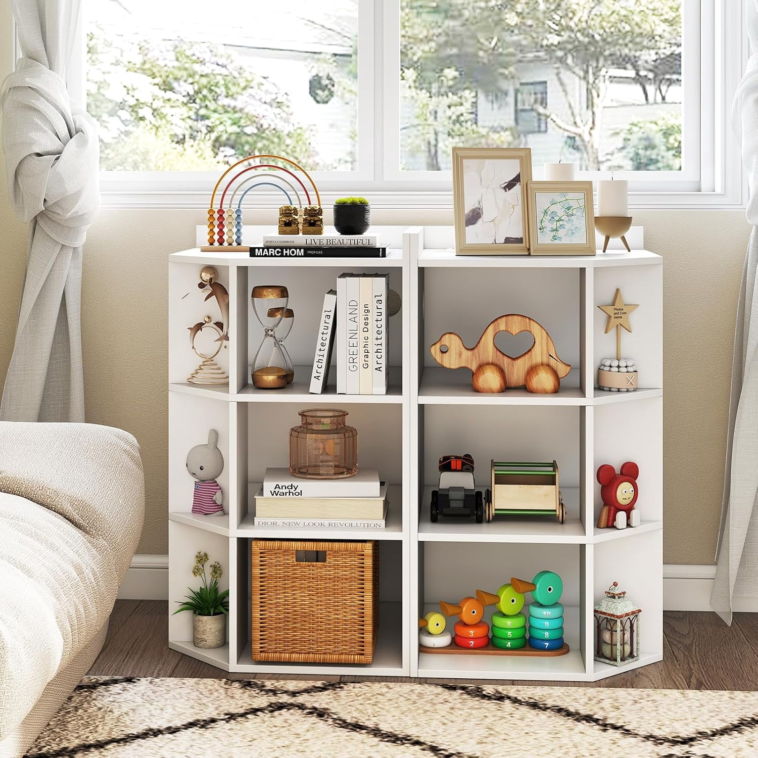 Kids Corner Cabinet with Charging Station, Wooden Cubby Bookcase with ...