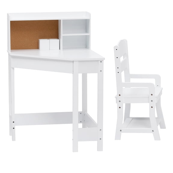 Kids Corner Desk and Chair Set - Wooden Study Table for Children - Adjustable Chair, Hutch, Corkboard, Bookshelf, Pen Holder - Compact Homework Desk for Boys & Girls - Perfect for Small Spaces