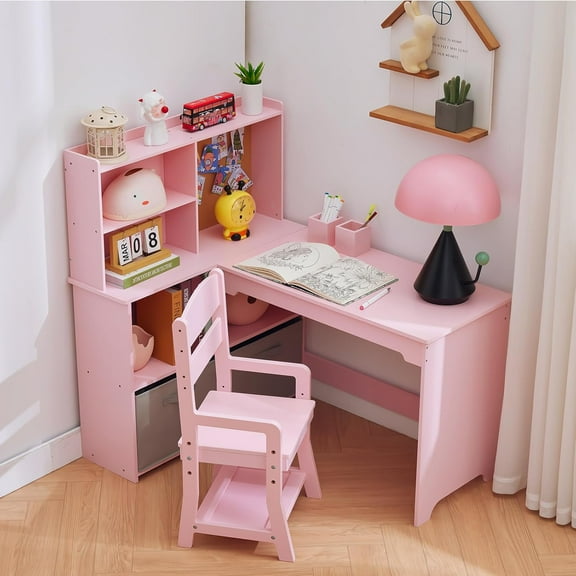 Kids Corner Desk and Chair Set L Shape Children Study Table with Open Shelves Hutch for Home School Use