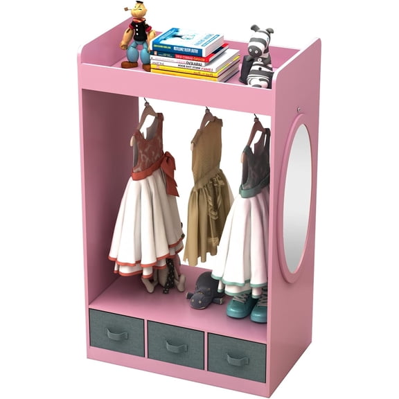 Kids Costume Organizer - Clothing Rack - Armoire Wardrobe Closet - Open Hanging Dresser with Mirror - Dress-Up Center -Kids Garment Rack with 1 Top Compartment, 3 Drawers, and Hanging Area - Pink