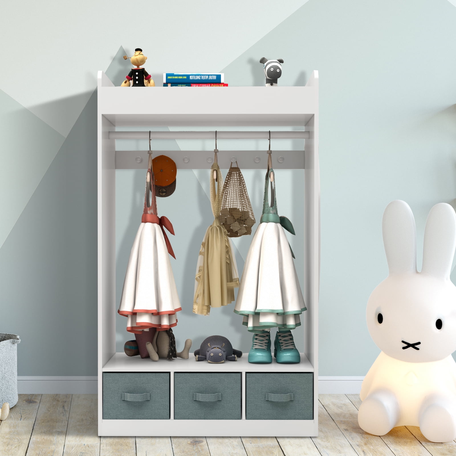 Kids Costume Organizer Rack, Kids Open Hanging Armoire Closet with Mirror, White