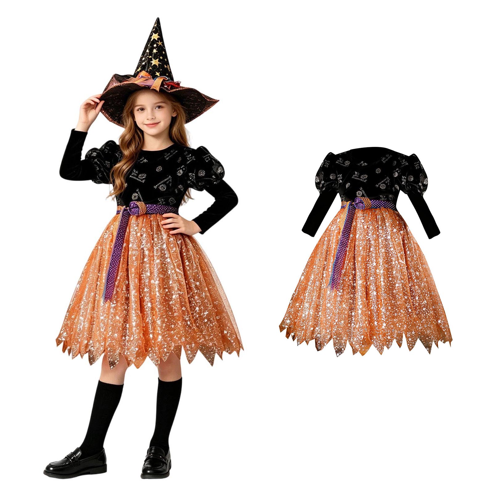 Kids Witch Long Sleeve Tutu Dress Tulle Dresses Dress up Halloween 6-7 Years
