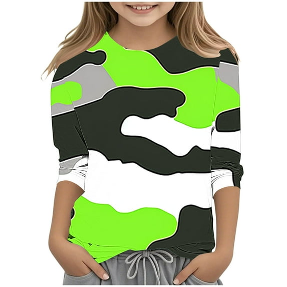 Kids Cotton Camo T-Shirts Boys Girls 3/4 Sleeve Color Block Tops Casual Toddler Cute Graphic Tees Shirts Neon Green, 7 Years