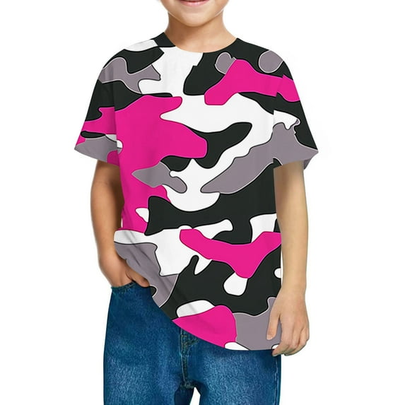 Kids Cotton Camo T-Shirts Boys Girls Short Sleeve Color Block Tops Casual Toddler Cute Graphic Tees Shirts Hot Pink, 3 Years