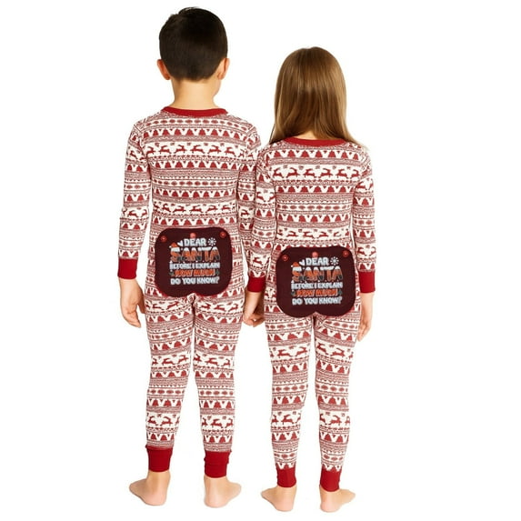 Kids Cotton Christmas Union Suit Pajamas – Red & White Nordic Print with Decorative Rear – Holiday Long Johns