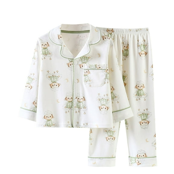 Kids Cotton Pajamas Boys Girls 6T 2 Piece Sleepwear Set Button Down Pjs Long Sleeve Pants Soft Loungewear White, 3 Years