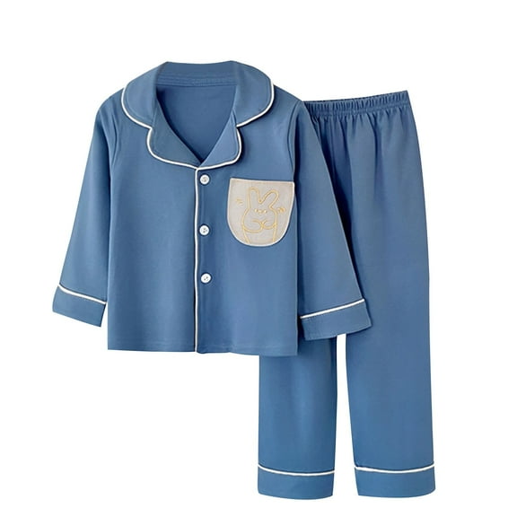 Kids Cotton Pajamas Boys Girls Size 8 Button Down Pjs 2 Piece Sleepwear Set Long Sleeve Pants Soft Loungewear Blue, 7 Years