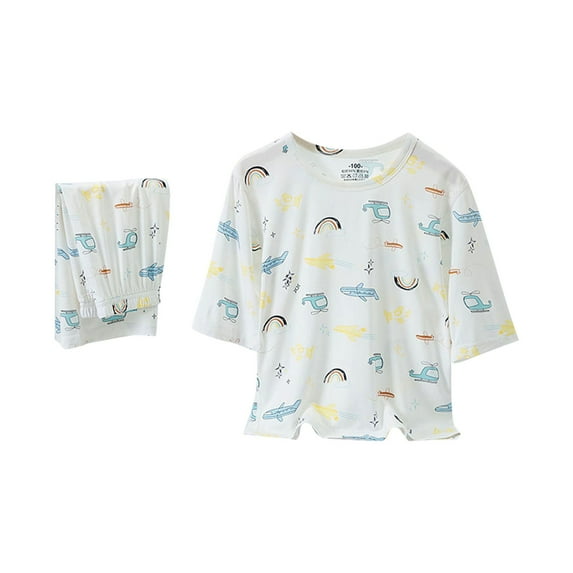 Kids Cotton Pajamas Set Girls Boys Pjs 3/4 Sleeve Pullover Pants Cute Soft 2 Piece Loungewear Sleepwear White, 7 Years