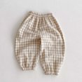 thumbnail image 1 of Kids Cotton Plaid Pants Soft Breathable Casual Elastic Waist Barrel Leg Trousers with Cuffed Ankles for Girls Boys Summer Beach Khaki 6M, 1 of 5