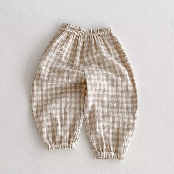 Kids Cotton Plaid Pants Soft Breathable Casual Elastic Waist Barrel Leg Trousers with Cuffed Ankles for Girls Boys Summer Beach Khaki Boys Pants 4Y