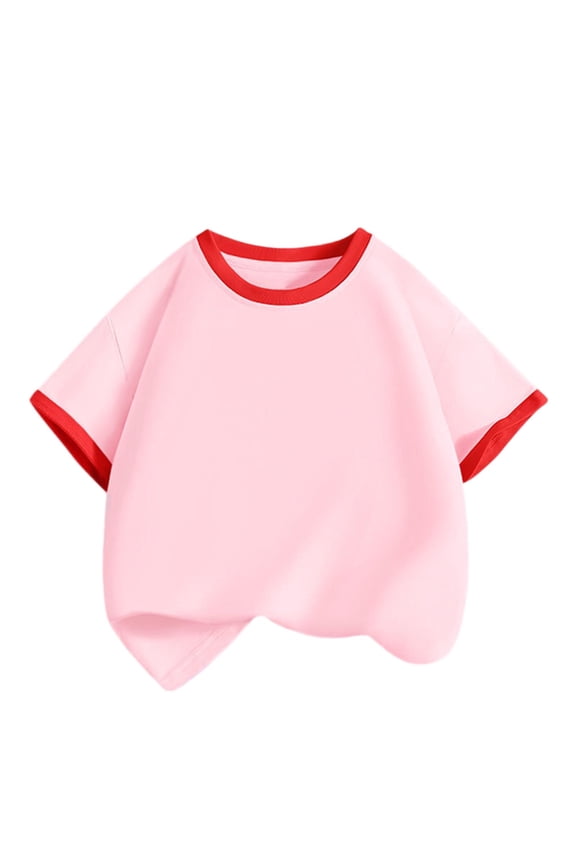 Kids Cotton Ringer T-Shirt for Girls Short Sleeve Pink with Contrast Trim Kids to Youth Sizes,Size 7-8 T